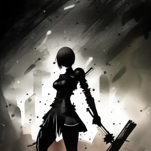 Silhouette of Nier Automata emerging from the fog of war, ink splash, Highly Detailed, Vibrant Colors, Ink Art, Fantasy, Dark by Stanley Artgerm Lau