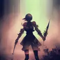 Silhouette of Nier Automata emerging from the fog of war, ink splash, Highly Detailed, Vibrant Colors, Ink Art, Fantasy, Dark by Stanley Artgerm Lau