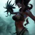 Silhouette of Nidalee emerging from the fog of war, ink splash, Highly Detailed, Vibrant Colors, Ink Art, Fantasy, Dark by Stanley Artgerm Lau