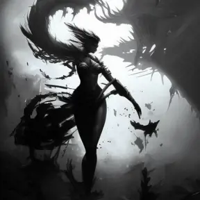 Silhouette of Fiora emerging from the fog of war, ink splash, Highly Detailed, Vibrant Colors, Ink Art, Fantasy, Dark by Stanley Artgerm Lau