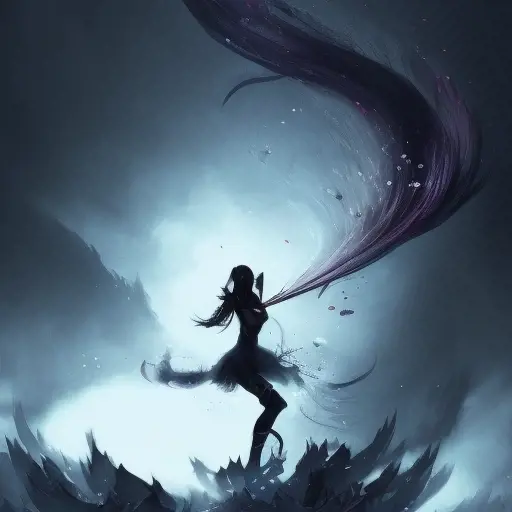 Silhouette of Irelia emerging from the fog of war, ink splash, Highly Detailed, Vibrant Colors, Ink Art, Fantasy, Dark by Stanley Artgerm Lau