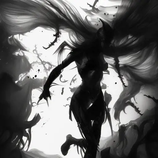 Silhouette of Lyx emerging from the fog of war, ink splash, Highly Detailed, Vibrant Colors, Ink Art, Fantasy, Dark by Stanley Artgerm Lau
