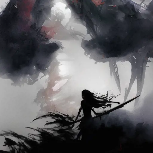 Silhouette of Lyx emerging from the fog of war, ink splash, Highly Detailed, Vibrant Colors, Ink Art, Fantasy, Dark by Stanley Artgerm Lau