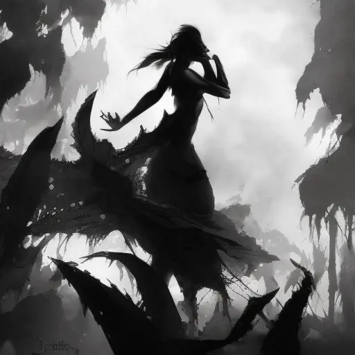 Silhouette of Samira emerging from the fog of war, ink splash, Highly Detailed, Vibrant Colors, Ink Art, Fantasy, Dark by Stanley Artgerm Lau