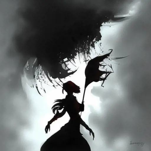 Silhouette of Samira emerging from the fog of war, ink splash, Highly Detailed, Vibrant Colors, Ink Art, Fantasy, Dark by Stanley Artgerm Lau
