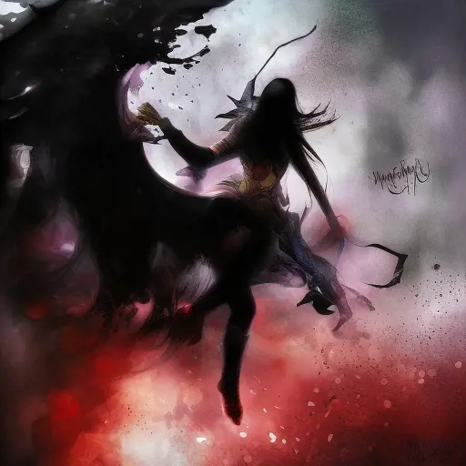 Silhouette of Morgana emerging from the fog of war, ink splash, Highly Detailed, Vibrant Colors, Ink Art, Fantasy, Dark by Stanley Artgerm Lau