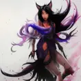 Silhouette of Ahri emerging from the fog of war, ink splash, Highly Detailed, Vibrant Colors, Ink Art, Fantasy, Dark by Stanley Artgerm Lau