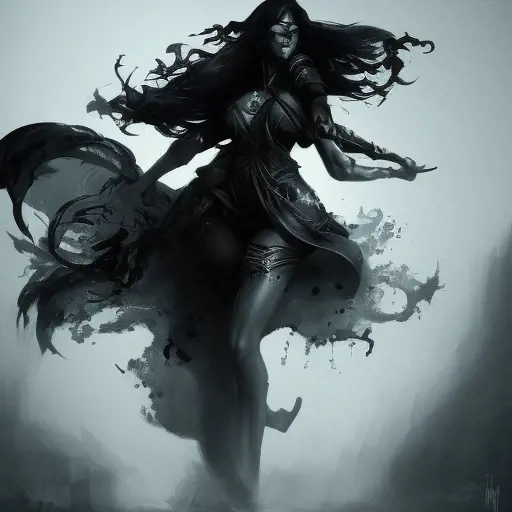 Silhouette of Qiyana emerging from the fog of war, ink splash, Highly Detailed, Vibrant Colors, Ink Art, Fantasy, Dark by Stanley Artgerm Lau