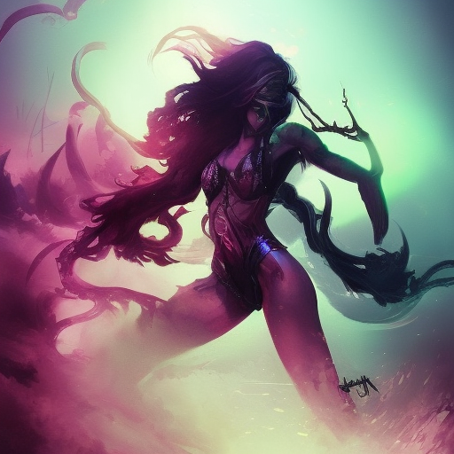 Silhouette of Qiyana emerging from the fog of war, ink splash, Highly Detailed, Vibrant Colors, Ink Art, Fantasy, Dark by Stanley Artgerm Lau