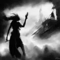 Silhouette of Nilah emerging from the fog of war, ink splash, Highly Detailed, Vibrant Colors, Ink Art, Fantasy, Dark by Stanley Artgerm Lau