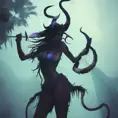 Silhouette of Nidalee emerging from the fog of war, ink splash, Highly Detailed, Vibrant Colors, Ink Art, Fantasy, Dark by Stanley Artgerm Lau