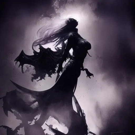 Silhouette of Morgana emerging from the fog of war, ink splash, Highly Detailed, Vibrant Colors, Ink Art, Fantasy, Dark by Stanley Artgerm Lau