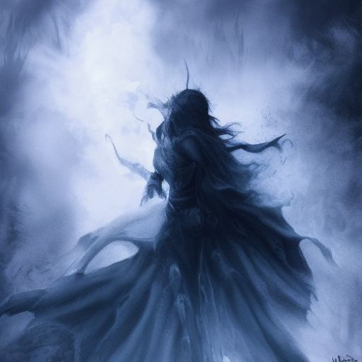 Silhouette of an Ice Mage emerging from the fog of war, ink splash, Highly Detailed, Vibrant Colors, Ink Art, Fantasy, Dark by Stanley Artgerm Lau
