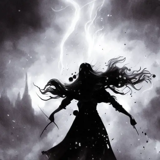 Silhouette of a Lightning Mage emerging from the fog of war, ink splash, Highly Detailed, Vibrant Colors, Ink Art, Fantasy, Dark by Stanley Artgerm Lau