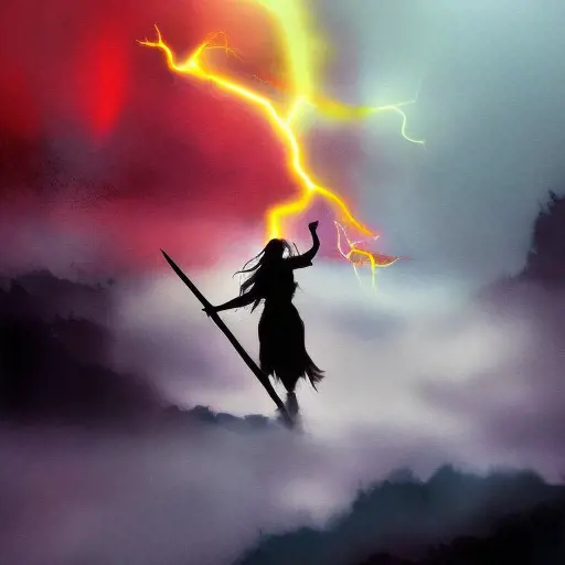 Silhouette of a Lightning Mage emerging from the fog of war, ink splash, Highly Detailed, Vibrant Colors, Ink Art, Fantasy, Dark by Stanley Artgerm Lau