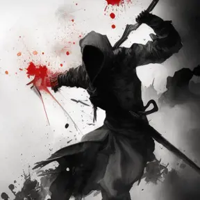 Silhouette of an Assassin emerging from the fog of war, ink splash, Highly Detailed, Vibrant Colors, Ink Art, Fantasy, Dark by Stanley Artgerm Lau