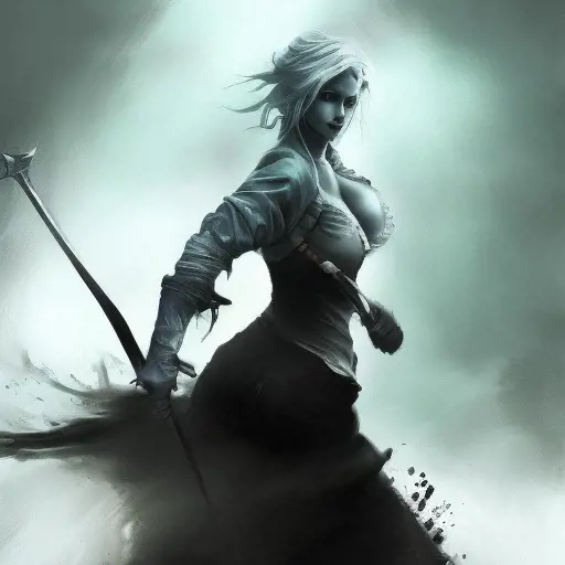 Silhouette of Ciri emerging from the fog of war, ink splash, Highly Detailed, Vibrant Colors, Ink Art, Fantasy, Dark by Stanley Artgerm Lau