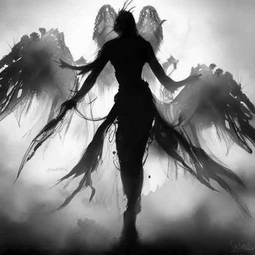 Silhouette of an Angel emerging from the fog of war, ink splash, Highly Detailed, Vibrant Colors, Ink Art, Fantasy, Dark by Stanley Artgerm Lau