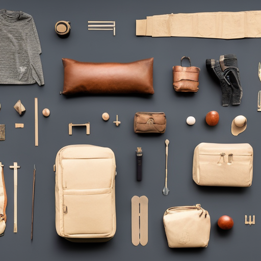 male bags, knolling, flat lay, Natural materials, Deconstruction, Depth, Many parts, Lumen render, 8k, Highly Detailed