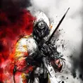 White Assassin emerging from a firey fog of battle, ink splash, Highly Detailed, Vibrant Colors, Ink Art, Fantasy, Dark by Richard Anderson