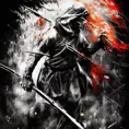White Assassin emerging from a firey fog of battle, ink splash, Highly Detailed, Vibrant Colors, Ink Art, Fantasy, Dark by Richard Anderson