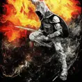 White Assassin emerging from a firey fog of battle, ink splash, Highly Detailed, Vibrant Colors, Ink Art, Fantasy, Dark by Steve Argyle