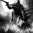 White Assassin emerging from a firey fog of battle, ink splash, Highly Detailed, Vibrant Colors, Ink Art, Fantasy, Dark by Mark Brooks