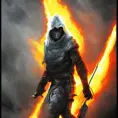 White Assassin emerging from a firey fog of battle, ink splash, Highly Detailed, Vibrant Colors, Ink Art, Fantasy, Dark by Patrick Brown