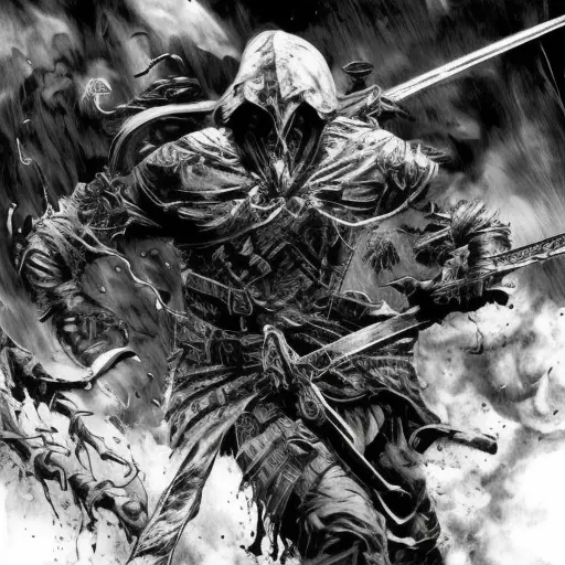 White Assassin emerging from a firey fog of battle, ink splash, Highly Detailed, Vibrant Colors, Ink Art, Fantasy, Dark by Clyde Caldwell