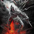 White Assassin emerging from a firey fog of battle, ink splash, Highly Detailed, Vibrant Colors, Ink Art, Fantasy, Dark by Clyde Caldwell