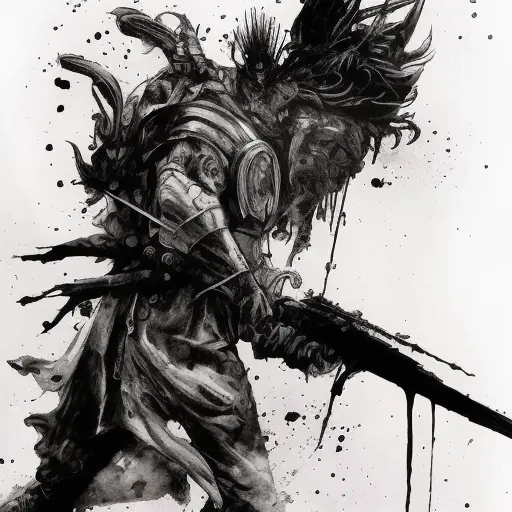 White Assassin emerging from a firey fog of battle, ink splash, Highly Detailed, Vibrant Colors, Ink Art, Fantasy, Dark by Eric Canete