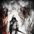White Assassin emerging from a firey fog of battle, ink splash, Highly Detailed, Vibrant Colors, Ink Art, Fantasy, Dark by Bill Carman