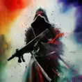 White Assassin emerging from a firey fog of battle, ink splash, Highly Detailed, Vibrant Colors, Ink Art, Fantasy, Dark by Amanda Clark