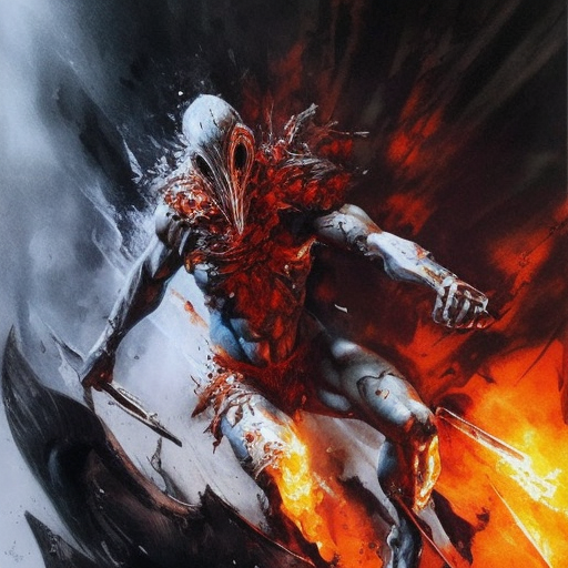 White Assassin emerging from a firey fog of battle, ink splash, Highly Detailed, Vibrant Colors, Ink Art, Fantasy, Dark by Gabriele Dell'otto