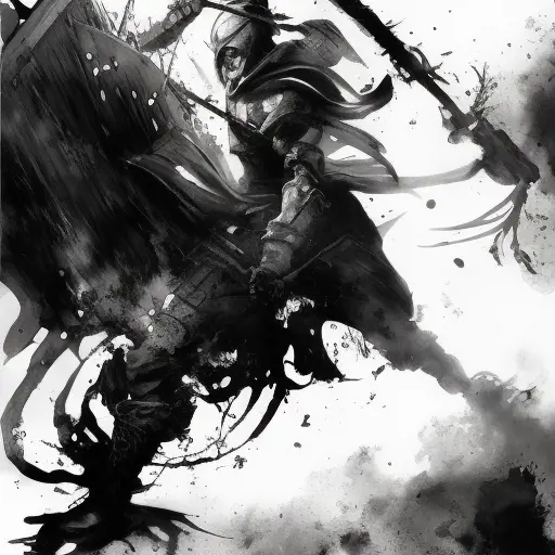 White Assassin emerging from a firey fog of battle, ink splash, Highly Detailed, Vibrant Colors, Ink Art, Fantasy, Dark by Posuka Demizu