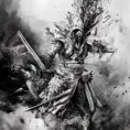White Assassin emerging from a firey fog of battle, ink splash, Highly Detailed, Vibrant Colors, Ink Art, Fantasy, Dark by Charles Maurice Detmold