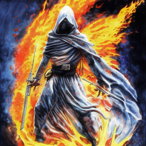 White Assassin emerging from a firey fog of battle, ink splash, Highly Detailed, Vibrant Colors, Ink Art, Fantasy, Dark by Tony DiTerlizzi