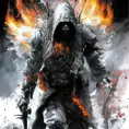 White Assassin emerging from a firey fog of battle, ink splash, Highly Detailed, Vibrant Colors, Ink Art, Fantasy, Dark by Dave Dorman