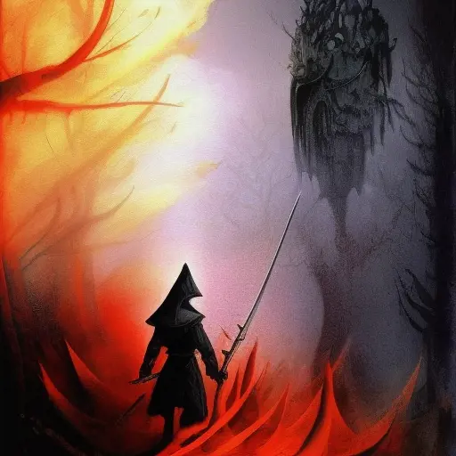 White Assassin emerging from a firey fog of battle, ink splash, Highly Detailed, Vibrant Colors, Ink Art, Fantasy, Dark by Eyvind Earle