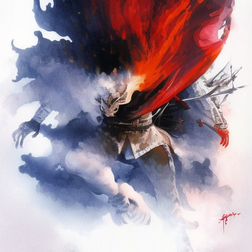 White Assassin emerging from a firey fog of battle, ink splash, Highly Detailed, Vibrant Colors, Ink Art, Fantasy, Dark by Eyvind Earle