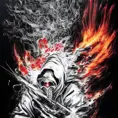White Assassin emerging from a firey fog of battle, ink splash, Highly Detailed, Vibrant Colors, Ink Art, Fantasy, Dark by Jason Edmiston