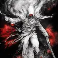 White Assassin emerging from a firey fog of battle, ink splash, Highly Detailed, Vibrant Colors, Ink Art, Fantasy, Dark by Jason Edmiston