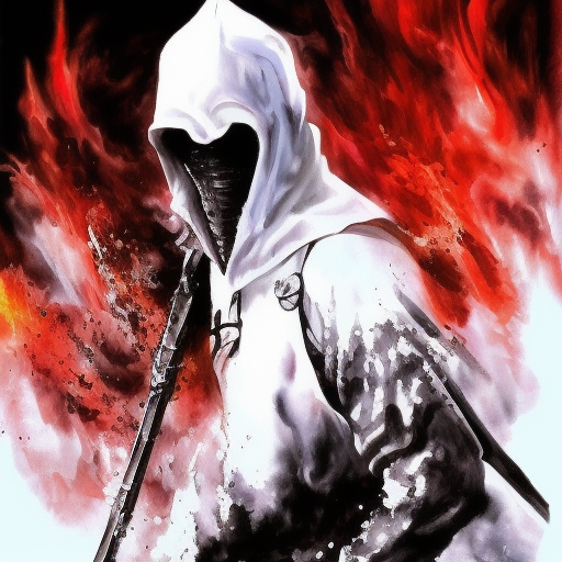 White Assassin emerging from a firey fog of battle, ink splash, Highly Detailed, Vibrant Colors, Ink Art, Fantasy, Dark by Les Edwards