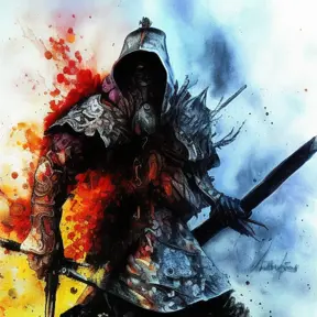 White Assassin emerging from a firey fog of battle, ink splash, Highly Detailed, Vibrant Colors, Ink Art, Fantasy, Dark by Les Edwards