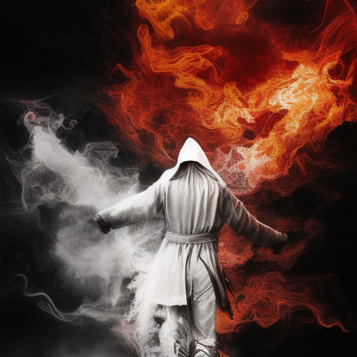 White Assassin emerging from a firey fog of battle, ink splash, Highly Detailed, Vibrant Colors, Ink Art, Fantasy, Dark by Christine Ellger