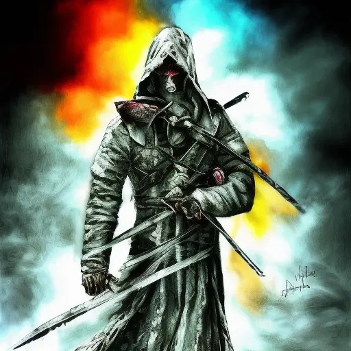 White Assassin emerging from a firey fog of battle, ink splash, Highly Detailed, Vibrant Colors, Ink Art, Fantasy, Dark by Jason A. Engle