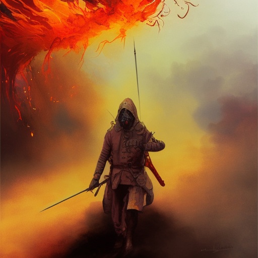 White Assassin emerging from a firey fog of battle, ink splash, Highly Detailed, Vibrant Colors, Ink Art, Fantasy, Dark by Andy Fairhurst