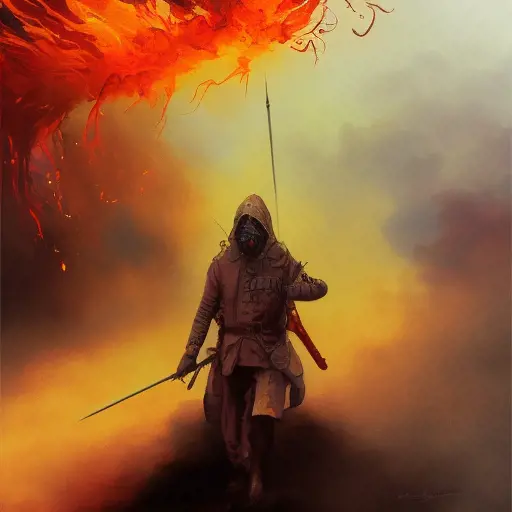 White Assassin emerging from a firey fog of battle, ink splash, Highly Detailed, Vibrant Colors, Ink Art, Fantasy, Dark by Andy Fairhurst