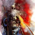 White Assassin emerging from a firey fog of battle, ink splash, Highly Detailed, Vibrant Colors, Ink Art, Fantasy, Dark by Brian Froud
