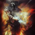 White Assassin emerging from a firey fog of battle, ink splash, Highly Detailed, Vibrant Colors, Ink Art, Fantasy, Dark by Brian Froud
